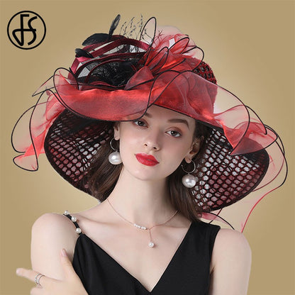 FS Mulheres Organza Vermelha Chapéus Casamento Fascinadores Elegante Grande Aba Larga Fedora Kentucky Derby Chapéus Festa Formal Igreja Chapéu Feminino