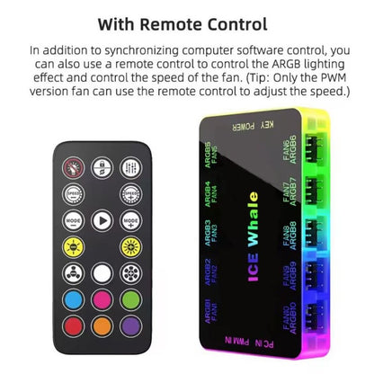 ICE Whale C10 1 to 10 PWM&ARGB Case Fan Hub Splitter 4Pin PWM 3Pin ARGB SATA Power Interface With Remote Control