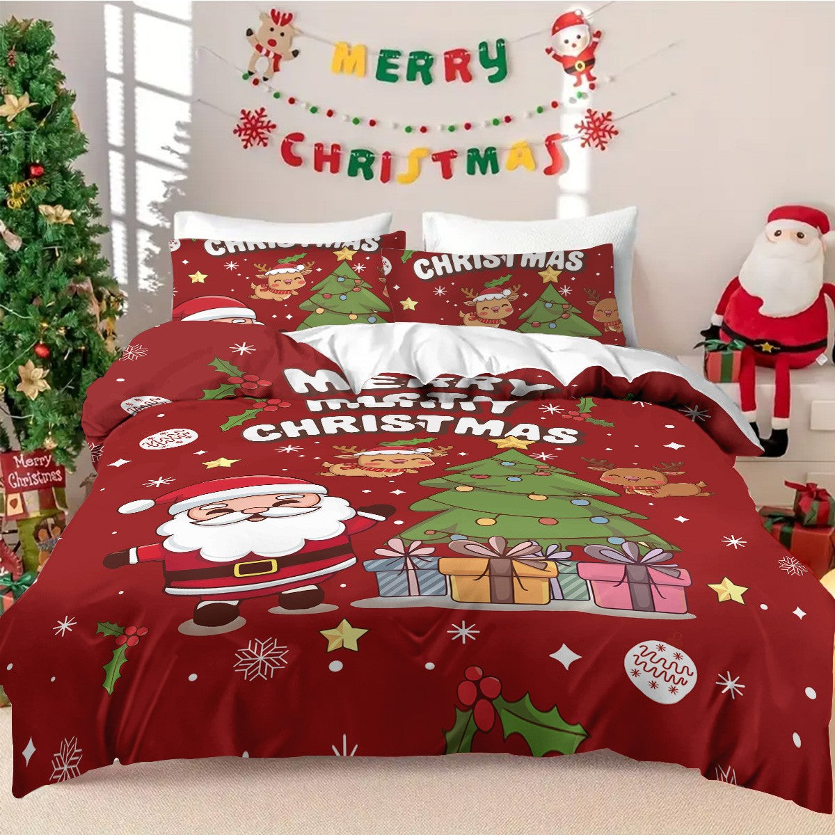 3pcs Santa Claus Christmas Tree Print Coreless Duvet Set Bedroom Dormitory Bedding Decoration Comfortable Machine Washable