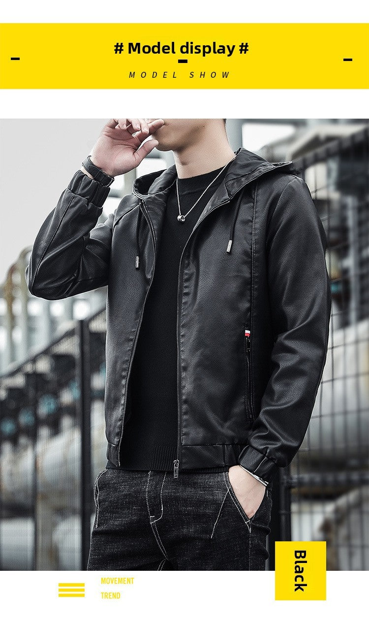 2025 Trending Men's Leather Jacket, Hooded Slim Fit Korean Style Biker Casual Coat