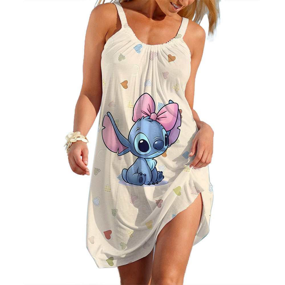 New Summer Girls Disney Stitch Women Fashion Sling Dress Women Sexy Loose Seasid