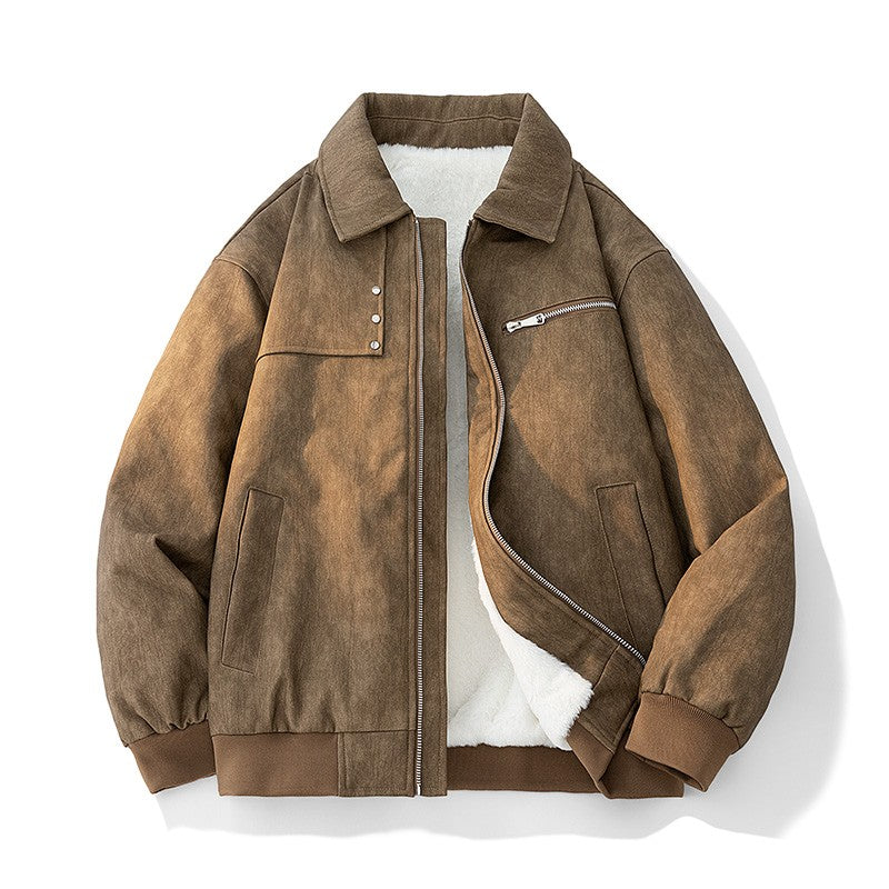 Jaqueta de Couro PU Masculina de Inverno, Grossa e Quente, Estilo Retrô, Gola Lapela, Casual, para Pesca ao Ar Livre, Tamanho Grande