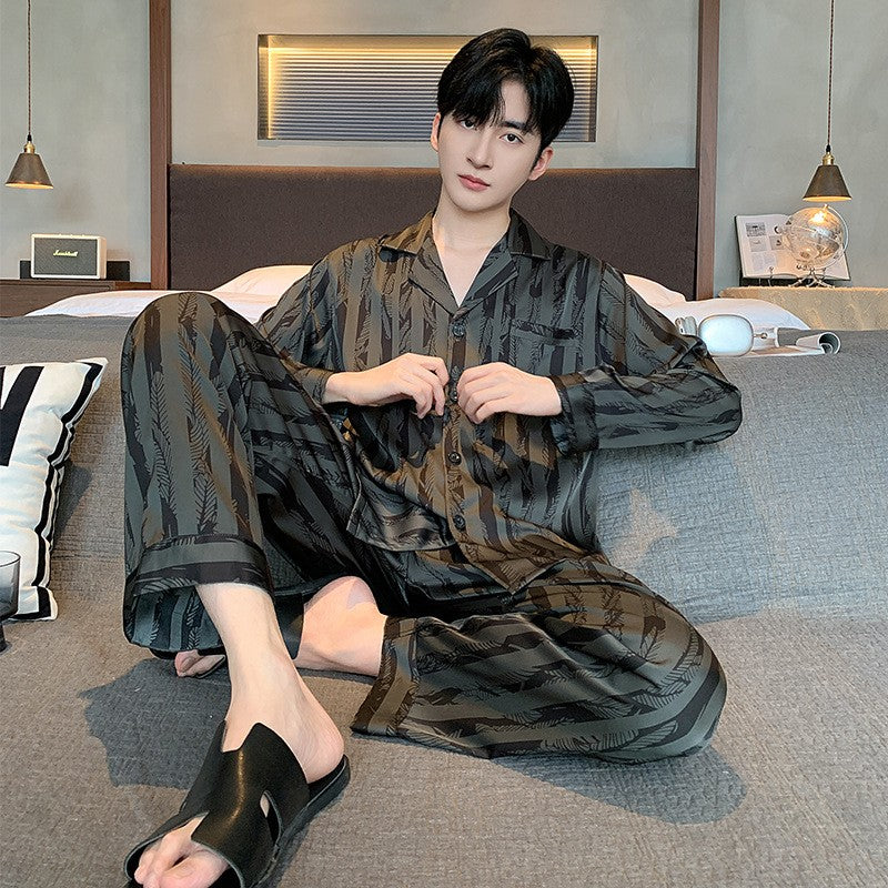 Large Size Ice Silk Men's Sleepwear 2025 New High-End V-Neck Thin Long Sleeved Two-Piece Set for Home Wear Youth Nightwear