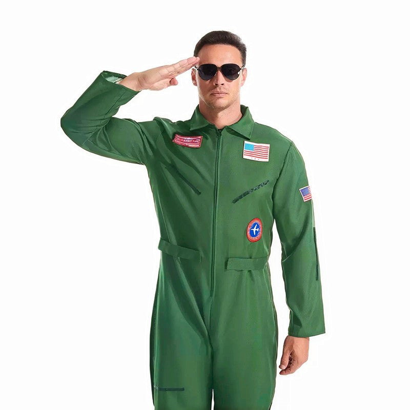 Men's Stylish Pilot Costume Air Force Pattern Jumpsuit Green Fighter Jet Outfit Halloween Costume Adult Masquerade Ball Carnival