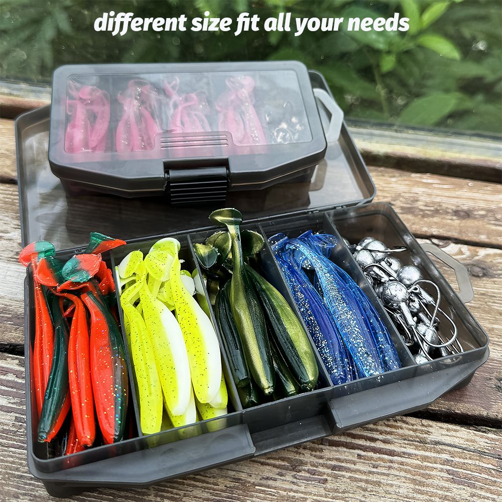 50 unidades/Caixa Isca Artificial Jig de Metal 5.5cm 7cm 10cm Isca Macia 3g 5g 7g 10g 14g Anzol Jigging Head Caixa de Pesca Pesca Swimbait Kit Isca de Fundo