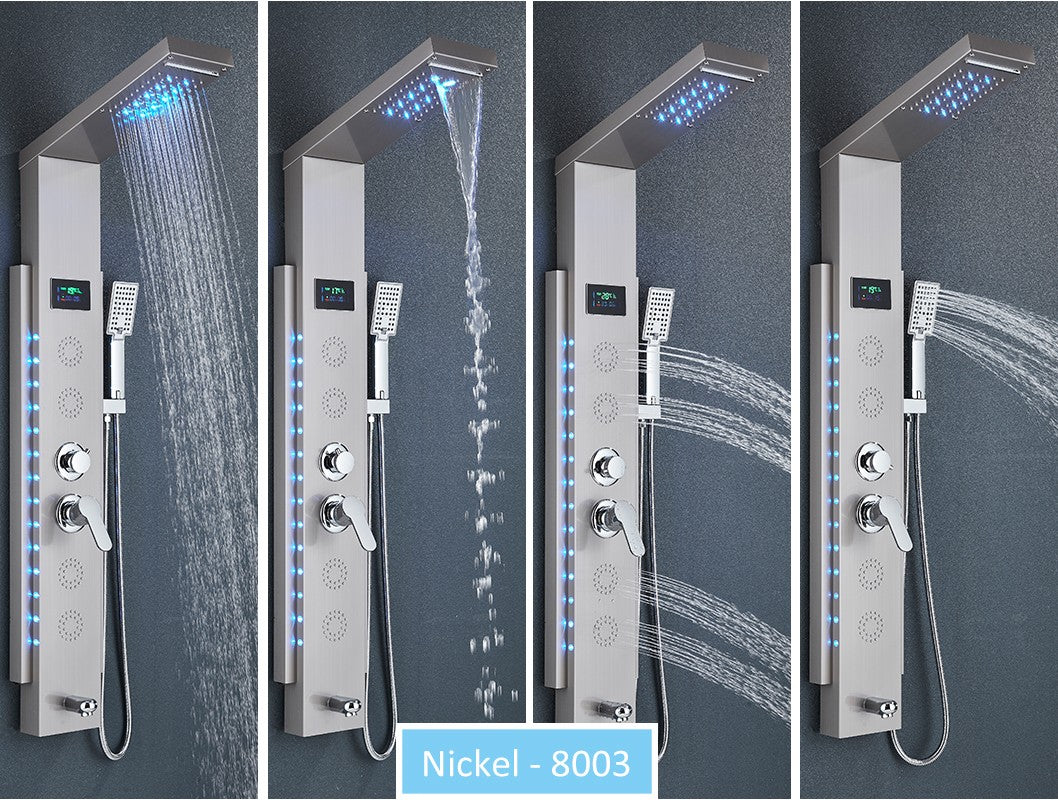 Sistema de Torre de Painel de Chuveiro de LED Coluna de Chuveiro de Cascata de Chuva com Tela LCD de Hidroeletricidade com Torneira de Chuveiro de Spa de Corpo com Massagem