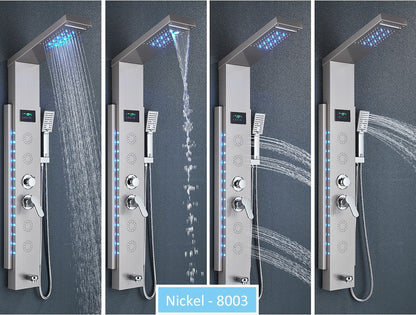 Sistema de Torre de Painel de Chuveiro de LED Coluna de Chuveiro de Cascata de Chuva com Tela LCD de Hidroeletricidade com Torneira de Chuveiro de Spa de Corpo com Massagem