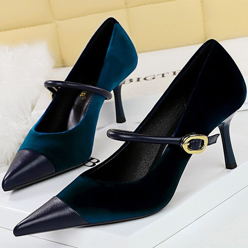 Korean Version Party 10cm 7cm High Heels Women Shoes Thin Heels Velvet Shallow Montage Pointed Toe Metal One-line Buckle Pumps