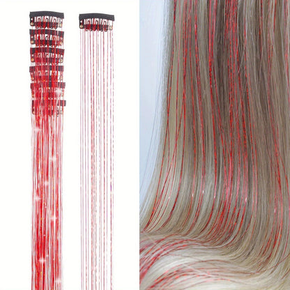 Apliques de cabelo coloridos de seda brilhante sem costura, grampo com glitter dourado de seda, faixas de cor de fio de laser deslumbrante, perucas sintéticas