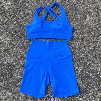 Yoga Fitness Suit Shorts Set Gym Sports Set Women Clothes 2 Piece Sports Bra Top High Waist Short Legging Running Tracksuit