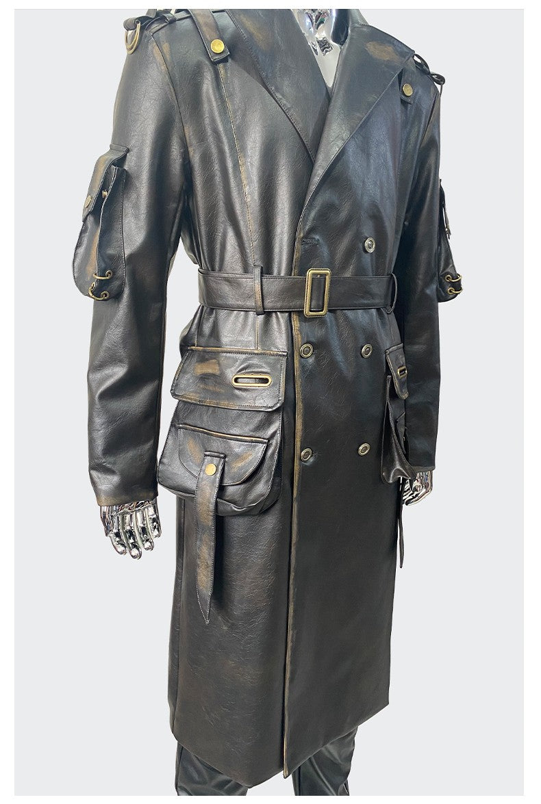 Nerazzurri Spring Autumn Cool Long Waterproof Distressed Black Pu Leather Trench Coat Men Belt Pockets Luxury Designer Clothes