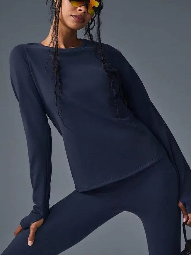 Sports Long Sleeved T-shirt Women Elastic O Neck Bottom Yoga Top Fitness Running Solid Black Navy Autumn Women's Shirts Fashion