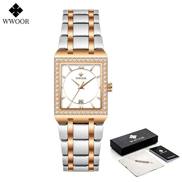 WWOOR Top Brand Luxury New Ladies Diamond Watch Fashion Square lady Wrist Watch Simple Women Dress Small Watch Relogio Feminino