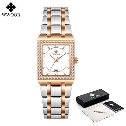 WWOOR Top Brand Luxury New Ladies Diamond Watch Fashion Square lady Wrist Watch Simple Women Dress Small Watch Relogio Feminino