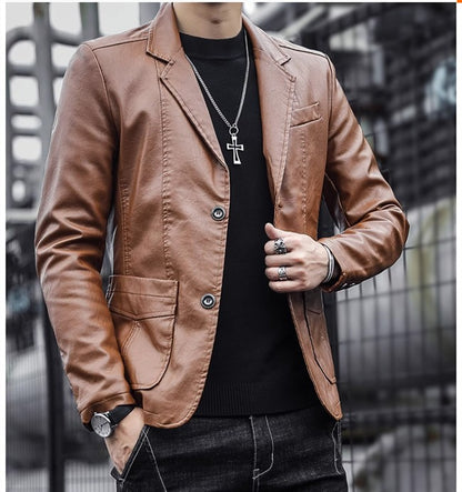 2024 New Men Business Casual Leather Jacket Black / khaki Fashion Male Suit Collar Coats Large Size 5XL Slim Fit Top