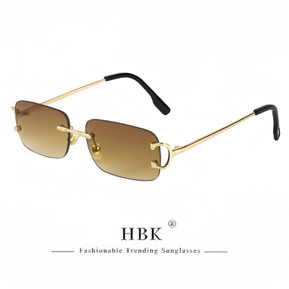 HBK Retro Rimless Sunglasses For Women Men Small Square Gold Frame Brand Design Tea Shades Rectangle UV400 Zonnebril Eyewear
