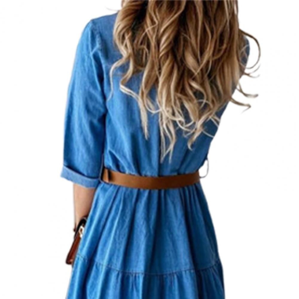 Denim Dress Three Quarter Sleeve with Belt Turn-down Collar Spring Autumn Buttons Ruffle Jeans Dresses for women 2025