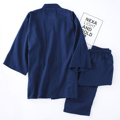 Men's Cotton Kimono Robes Pajamas Clothes Thin Spring and Autumn Black and Navy Colors Home Clothes Loose Casual Men Robe Sets