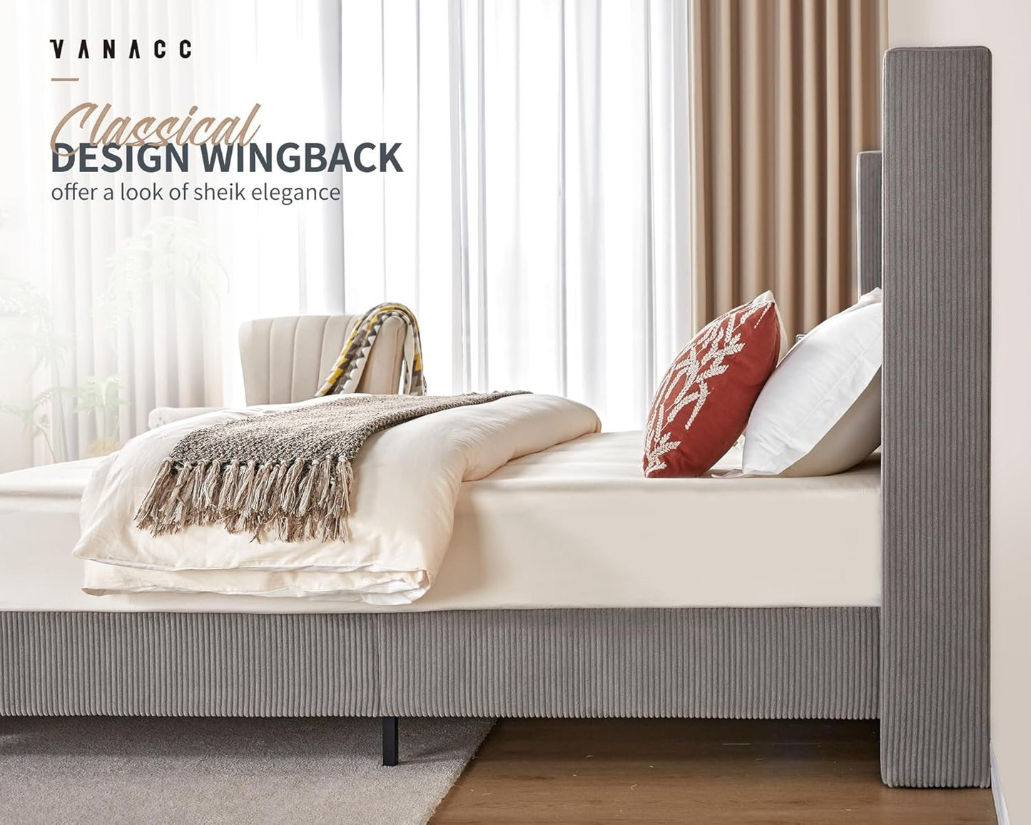 Base de Cama Queen Size Plataforma, Cama Estofada em Veludo Cotelê 129 cm com Cabeceira Estofada em Canal Vertical/Estrado de Madeira/Asa Lateral