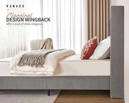 Base de Cama Queen Size Plataforma, Cama Estofada em Veludo Cotelê 129 cm com Cabeceira Estofada em Canal Vertical/Estrado de Madeira/Asa Lateral