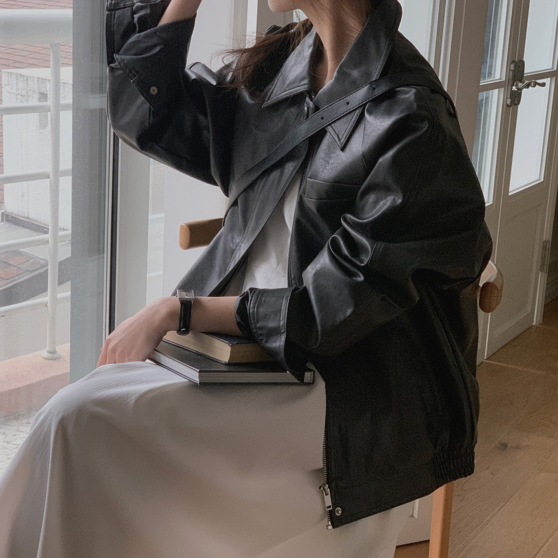 Sli Loose PU Leather Jaet Women's Chic Retro Collar Versatile BF Sle Motorcycle Clothes Trendy Long Sve Zipper