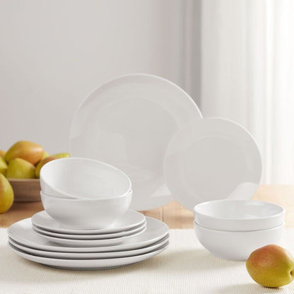 12-Piece White Stoneware Dinnerware Set 4 Dishwasher Microwave Safe Elegant Tableware Bowls Plates Ideal Formal Casual Use