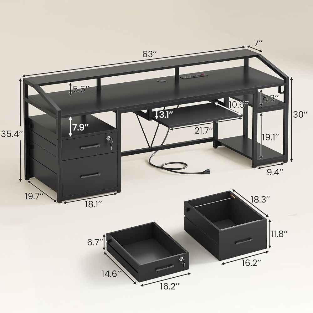 Mesa de jogos com luzes de LED, tomada elétrica, gavetas com chave para escritório e casa, escrivaninha de computador de 63" com armazenamento para arquivos tamanho A4/Carta