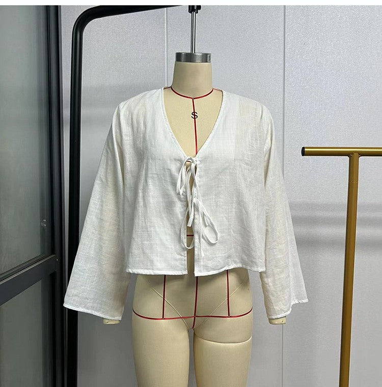 C.NEW S 2024 Spring New Female Street Tops Green Linen Lace Up Long Sleeve For Women Fashion Chic Casual Loose V Neck Shirt