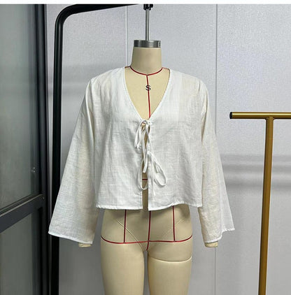 C.NEW S 2024 Spring New Female Street Tops Green Linen Lace Up Long Sleeve For Women Fashion Chic Casual Loose V Neck Shirt