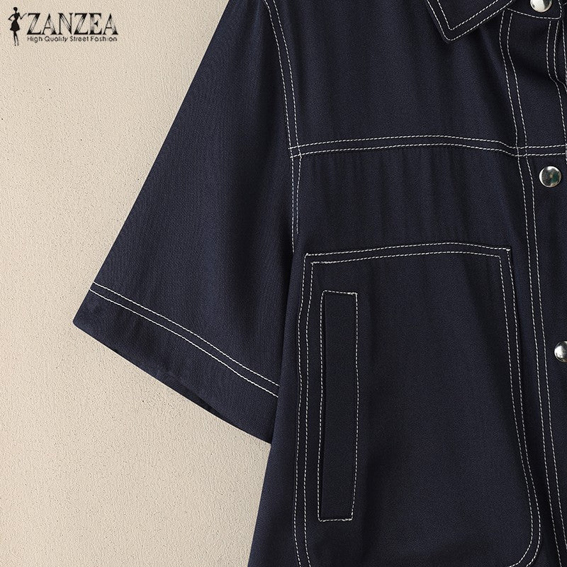ZANZEA Women's Denim-Like Contrast-Stitch Shirts 2025 Fashion Turn-Down Collar Short Sleeve Button Up Shirt Streetwear Woman Top