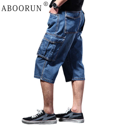 ABOORUN Mens Cargo Denim Shorts Plus Size 40 Loose Skateboard Short Jeans for Male