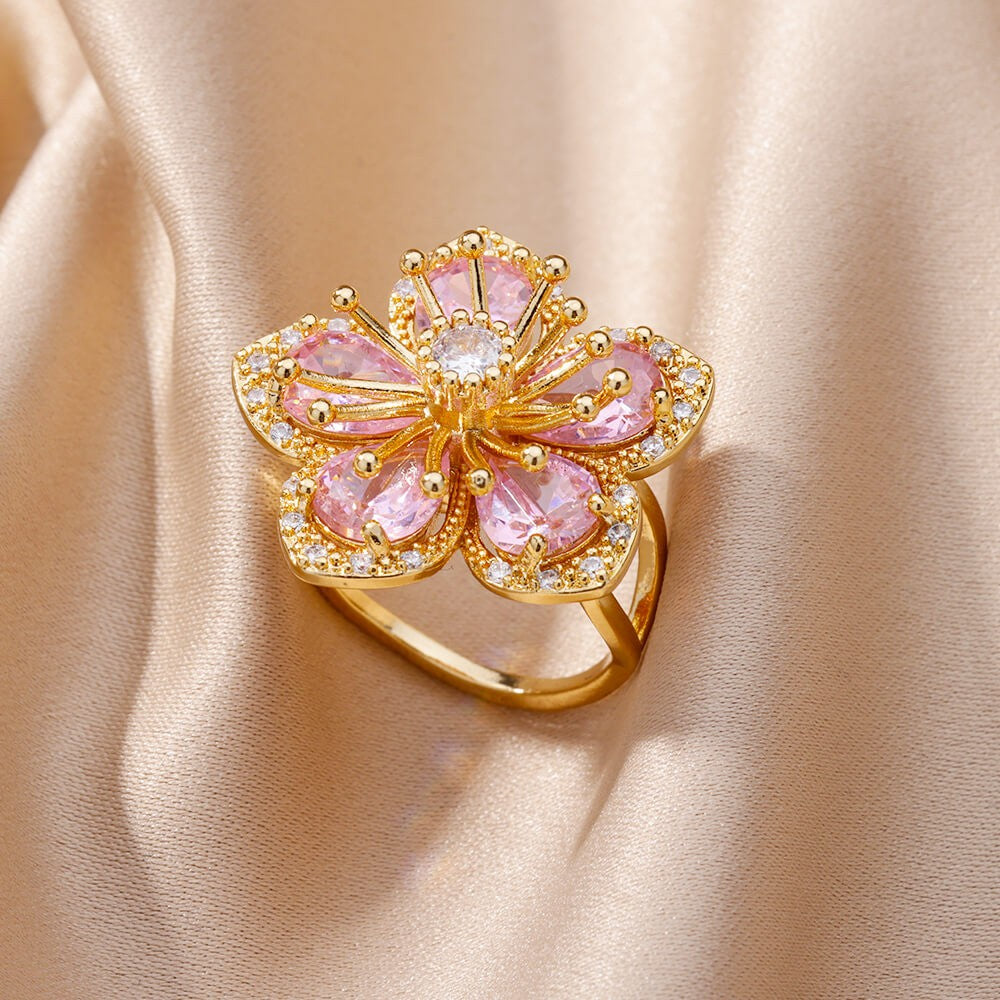 Anéis de Luxo em Aço Inoxidável Banhado a Ouro Pedra Colorida Zircônia Cristal Coração Anel Feminino Casamento Joias Boho Presente de Natal