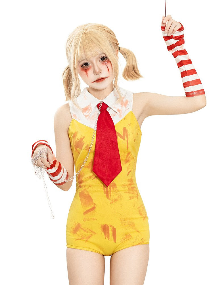 Women Halloween Funny Clown Girl Cosplay Jumpsuit Complete Accessory Set Ladies Party Roleplay Costume Cute Carnival Slim Outfit