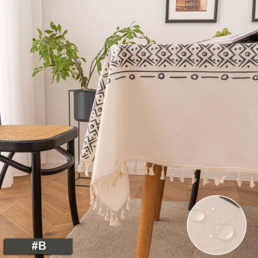 Vintage Boho Tassel Table Cloth Waterproof Cotton Linen Bohemian Tablecloth Patio Outdoor Wrinkle Free Table Protector Covers