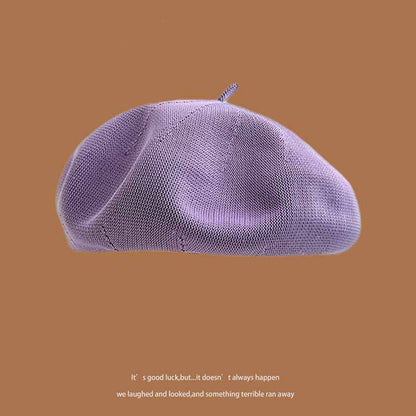 Women's Summer Beret Hat Cotton Breathable Knit Slouchy Beanie Solid Color French Retro Fashion Cap for Women Casual Outfit