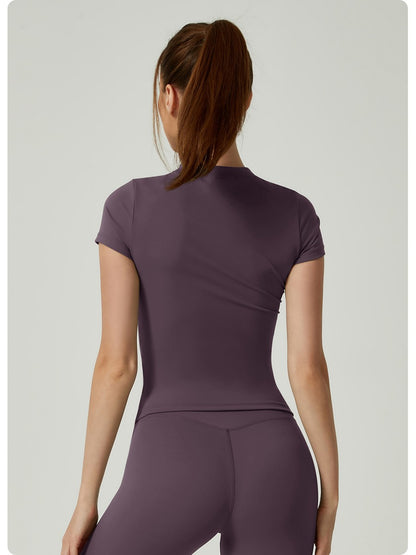 New Women Running Sports T Shirt Summer Short Sleeve Round Neck Breathable Stretchy GYM Yoga Slim Fitness Active Top Tee