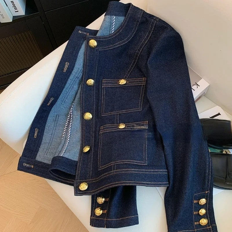 Women's Vintage Denim Jacket Spring Button-Up Korean Fashion Blue Chic Bomber Outwear Top 2025 Style Casual Ropa De Mujer