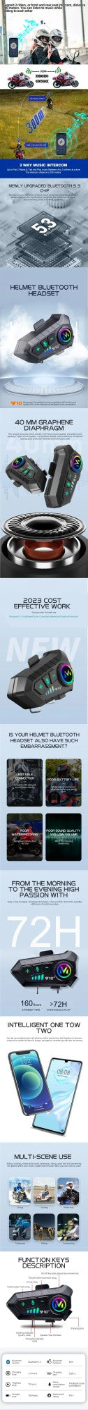 1/2 Peças Y10 Intercomunicador Bluetooth para Capacete de Moto 2x 300M Sem Fio Intercomunicador 2000Mah Walkie Talkie para Moto com Microfone Rígido e Flexível