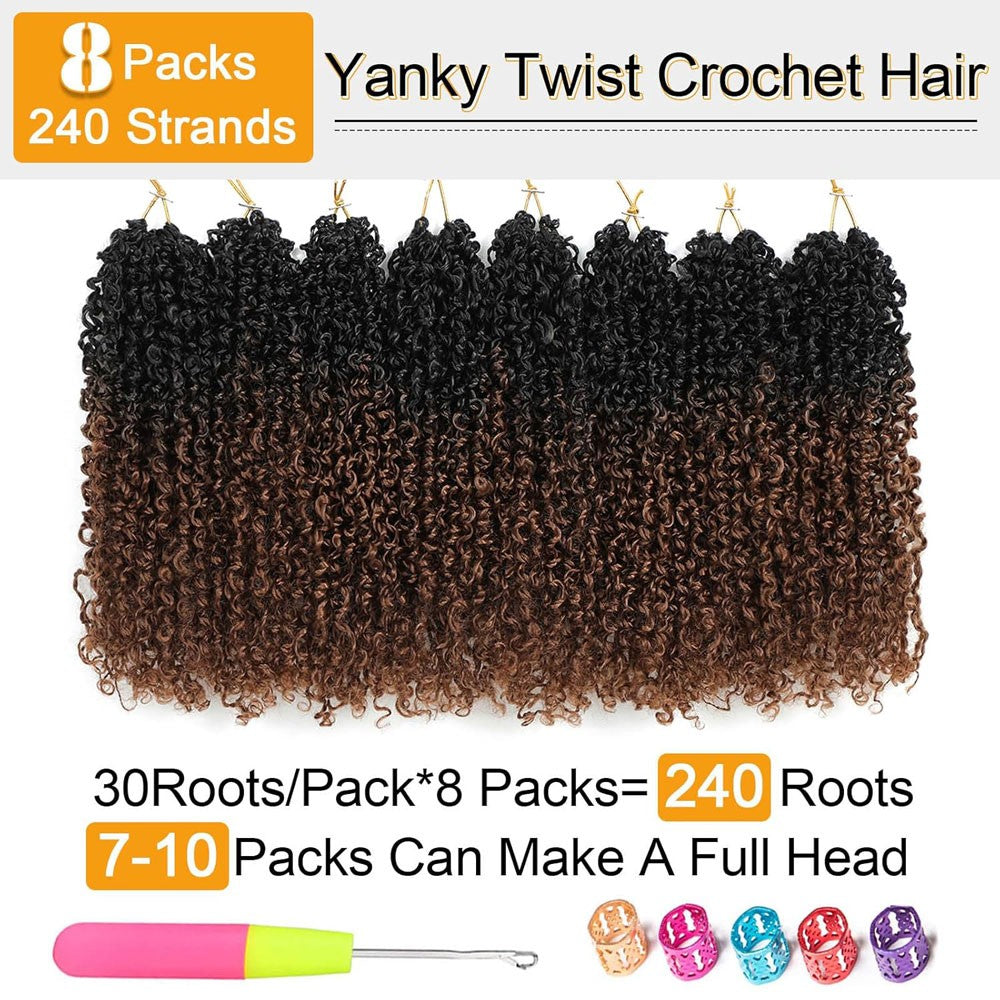 Cabelo de Crochê Yanky Twist de 8" pré-enrolado, Ombre Marrom, Cabelo de Crochê Sintético com Pontas Cacheadas, Cabelo de Crochê Yank Twist para Mulheres Negras