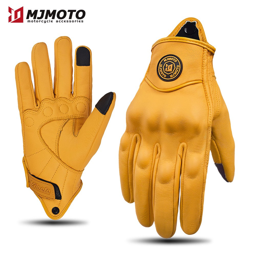 Luvas de Couro Amarelas Retrô para Motocicleta Masculinas Femininas Respiráveis Perfuradas Luvas de Corrida de Moto com Tela Sensível ao Toque para Motocross Moto