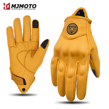 Luvas de Couro Amarelas Retrô para Motocicleta Masculinas Femininas Respiráveis Perfuradas Luvas de Corrida de Moto com Tela Sensível ao Toque para Motocross Moto