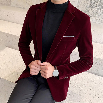 Spring Velvet Men Solid Color Temperament Suit Jacket Turndown Collar Long Sleeve Slim Fit Single Button Velvet Suit Coat