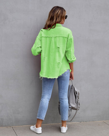 Autumn Winter Women's New Denim Jacket Fashion Grinding Edge Broken Hole Hollow Long Sleeve Single Breasted Casual Collar Top