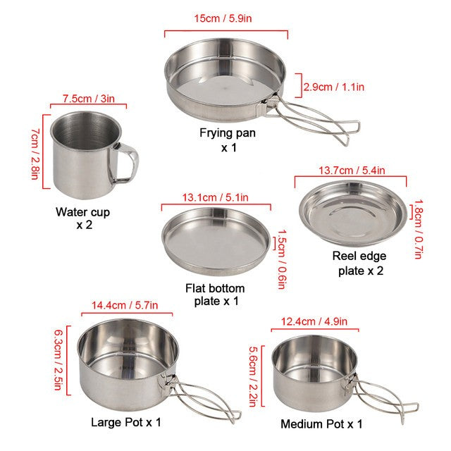 Conjunto de 8 Peças de Panelas de Acampamento em Aço Inoxidável com Panelas e Frigideiras, Pratos e Copos para Caminhadas e Mochilão ao Ar Livre
