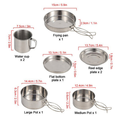 Conjunto de 8 Peças de Panelas de Acampamento em Aço Inoxidável com Panelas e Frigideiras, Pratos e Copos para Caminhadas e Mochilão ao Ar Livre