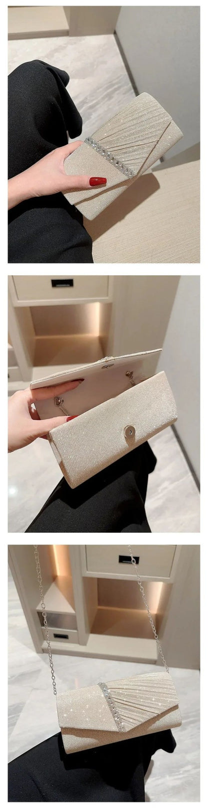 Wedding Party Handbag Ladies Glitter Silver Clutch Bag Envelope Evening Bag Fashion Elegant Long Purse Women Chain Shoulder Bags