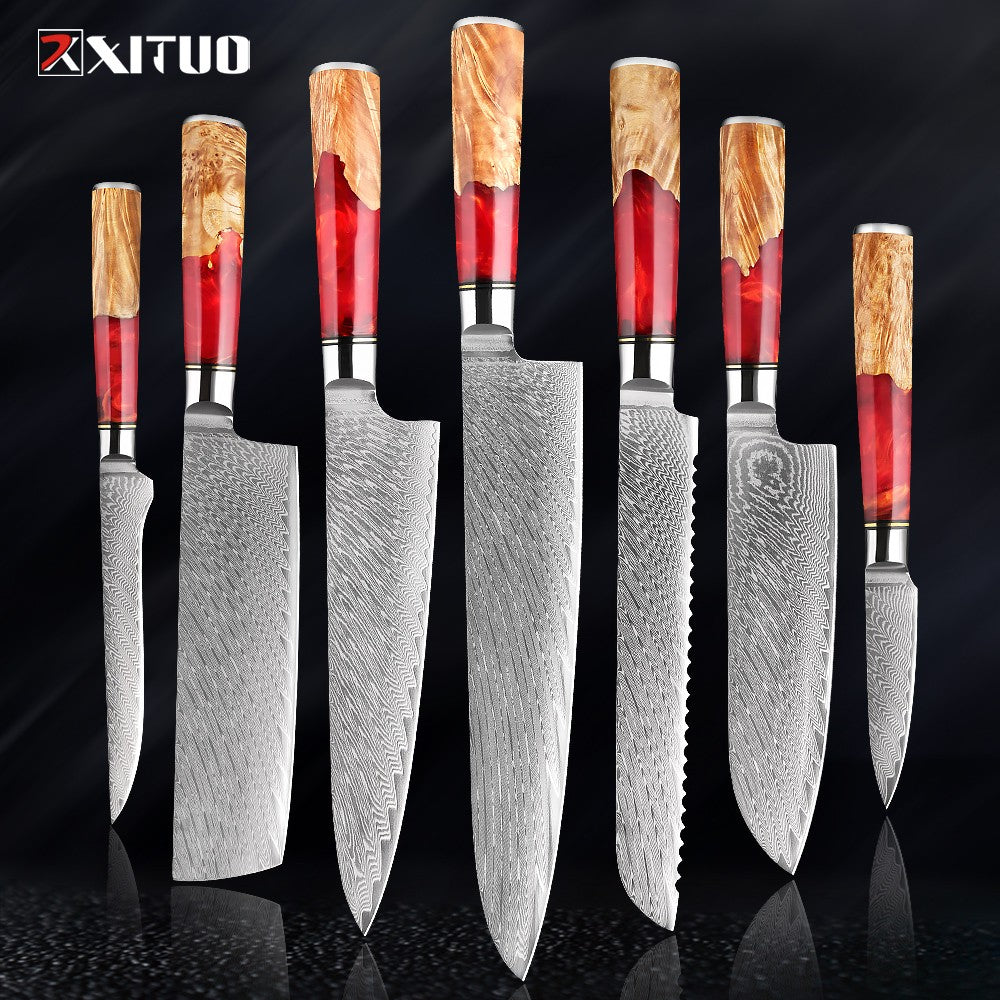 XITUO Conjunto de Facas de Cozinha de Aço Damasco de 1 a 9 Peças Inclui Faca do Chefe, Faca de Pão, Cutelo, Faca Santoku, Faca Nakiri para Desossar