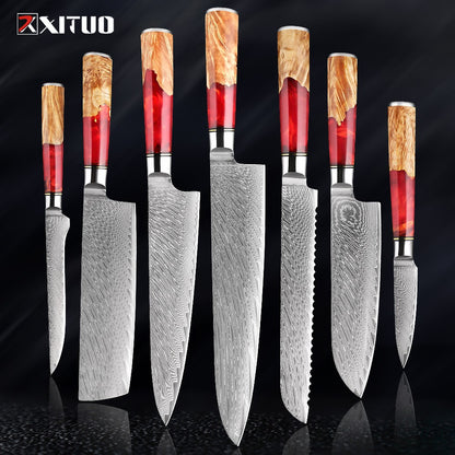 XITUO Conjunto de Facas de Cozinha de Aço Damasco de 1 a 9 Peças Inclui Faca do Chefe, Faca de Pão, Cutelo, Faca Santoku, Faca Nakiri para Desossar