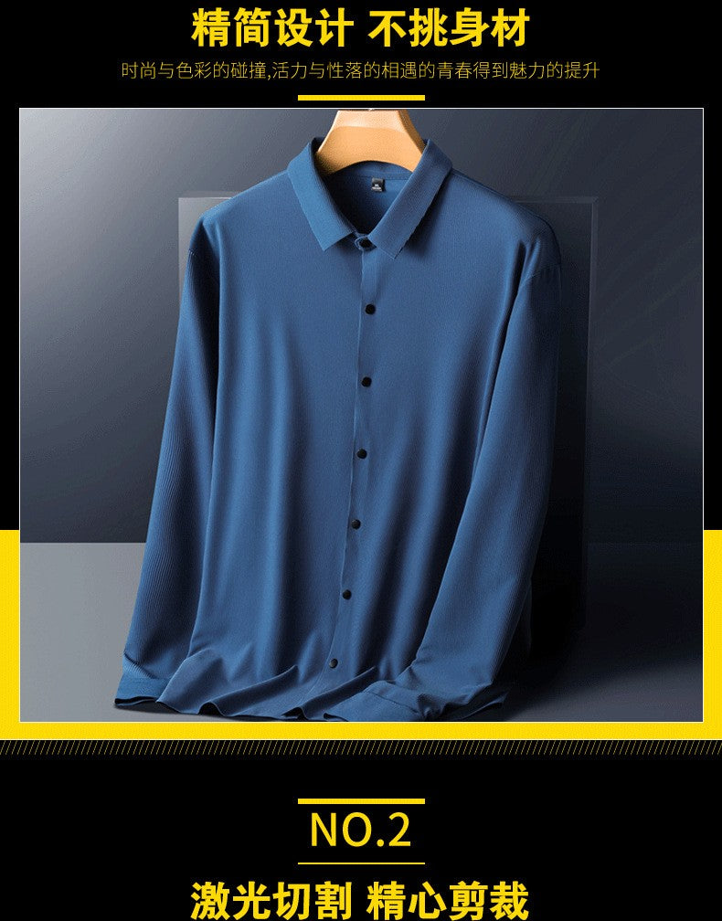 Stretch Elastic Stripe Men's Shirt Long Sleeve Classic Blouse Male Elegant Work Big Size Plus Large High Quality Ice Silk Social