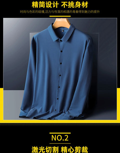 Stretch Elastic Stripe Men's Shirt Long Sleeve Classic Blouse Male Elegant Work Big Size Plus Large High Quality Ice Silk Social